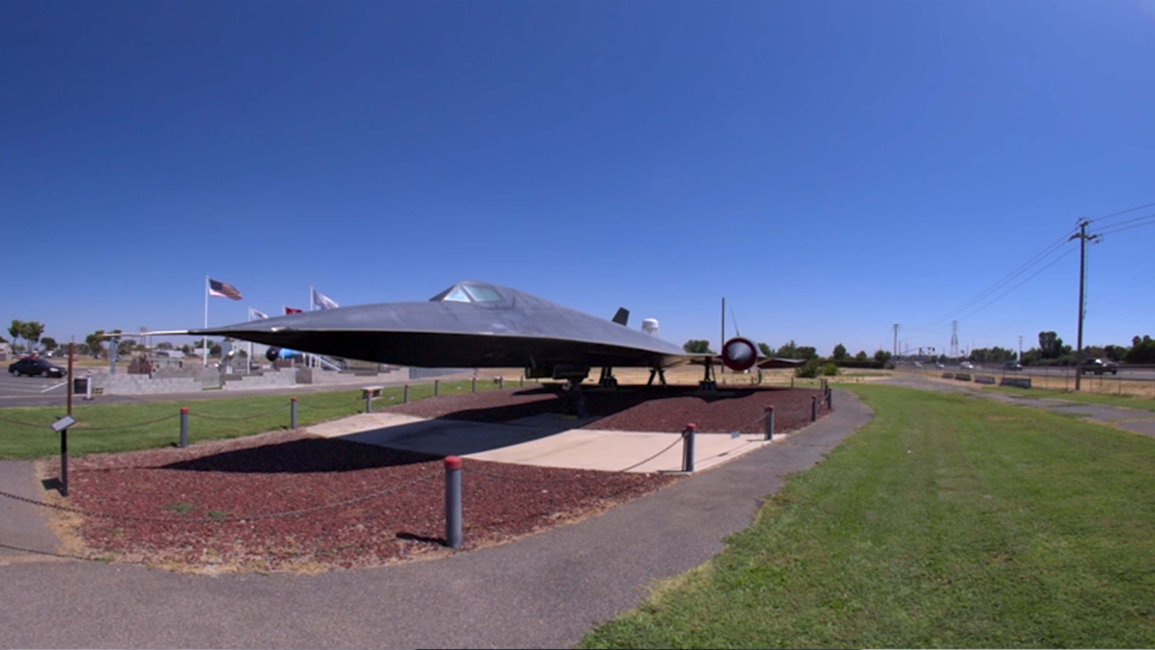 A mid-close up of the Lockheed SR-71 on display at Castle Air Museum